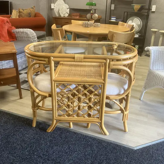 Vintage Bamboo Rattan 'Honeymoon' Bistro Table & Chairs. H76 W99 D55cm