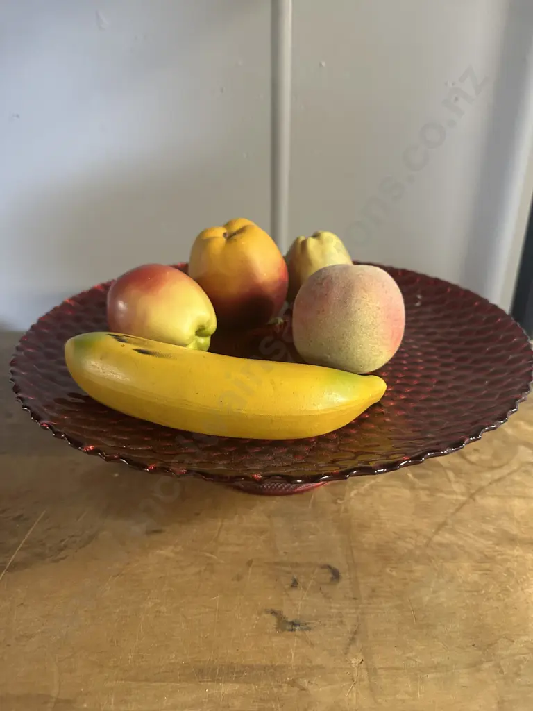 Faux Fruit On Red Pedestal Dish Image 1++