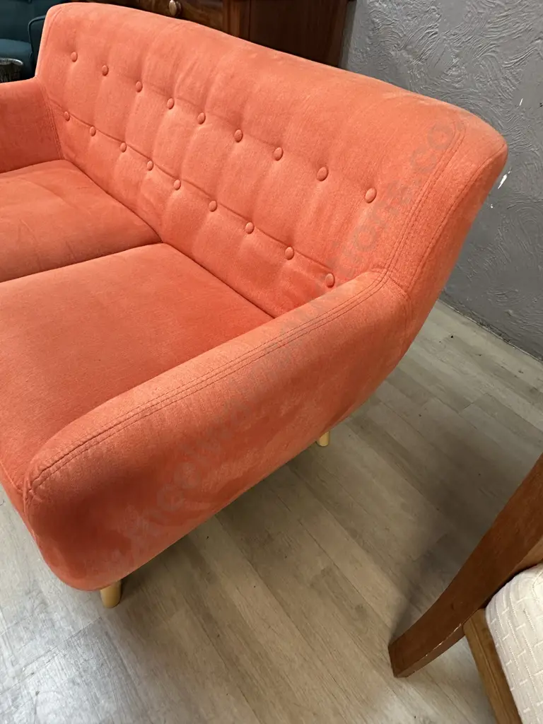 Orange Button Back Fabric 2 Seater Sofa With Naked Wooden Legs Image 1++