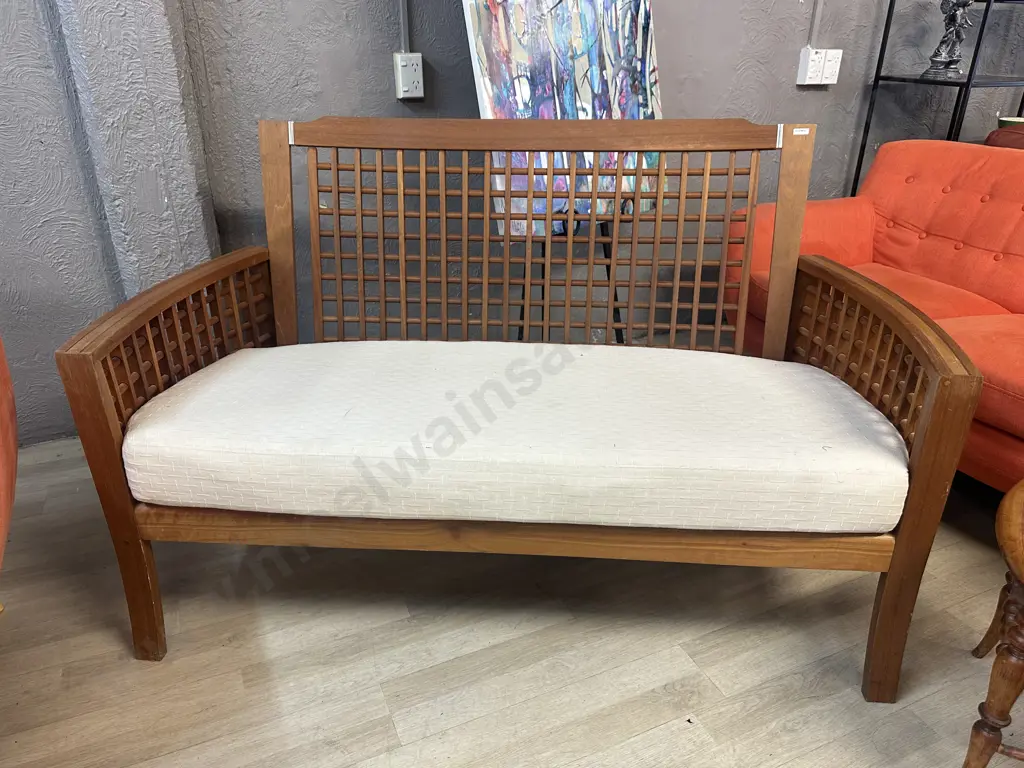 Teak Curved Arm Couch With Square Patterned Infill. H89 W146 D73cm Image 1++
