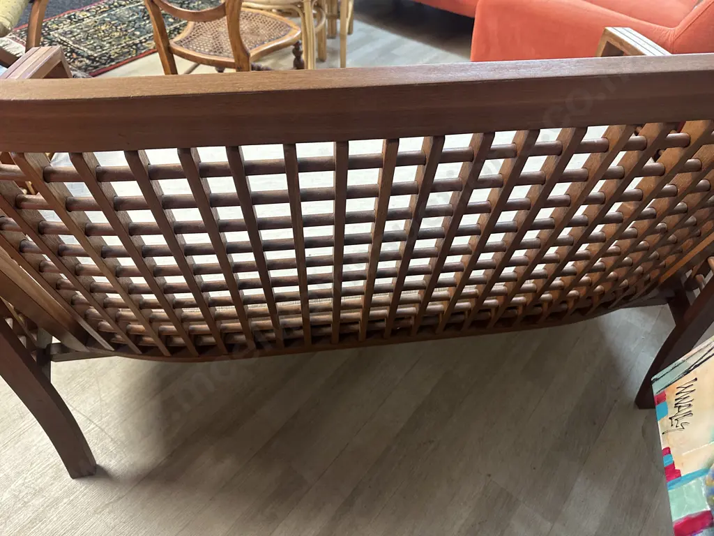 Teak Curved Arm Couch With Square Patterned Infill. H89 W146 D73cm Image 1++