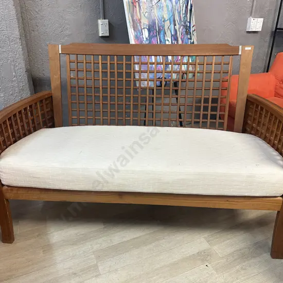 Teak Curved Arm Couch With Square Patterned Infill. H89 W146 D73cm