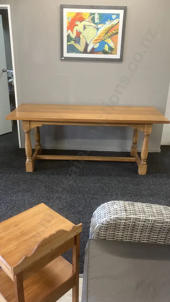 Vintage Heavy Kauri Refectory Table With a Stretcher Base. H75.5 W195 D84cm Image 1++