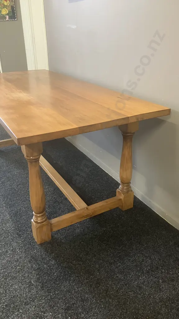 Vintage Heavy Kauri Refectory Table With a Stretcher Base. H75.5 W195 D84cm Image 1++