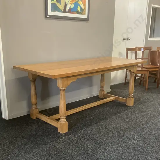 Vintage Heavy Kauri Refectory Table With a Stretcher Base. H75.5 W195 D84cm