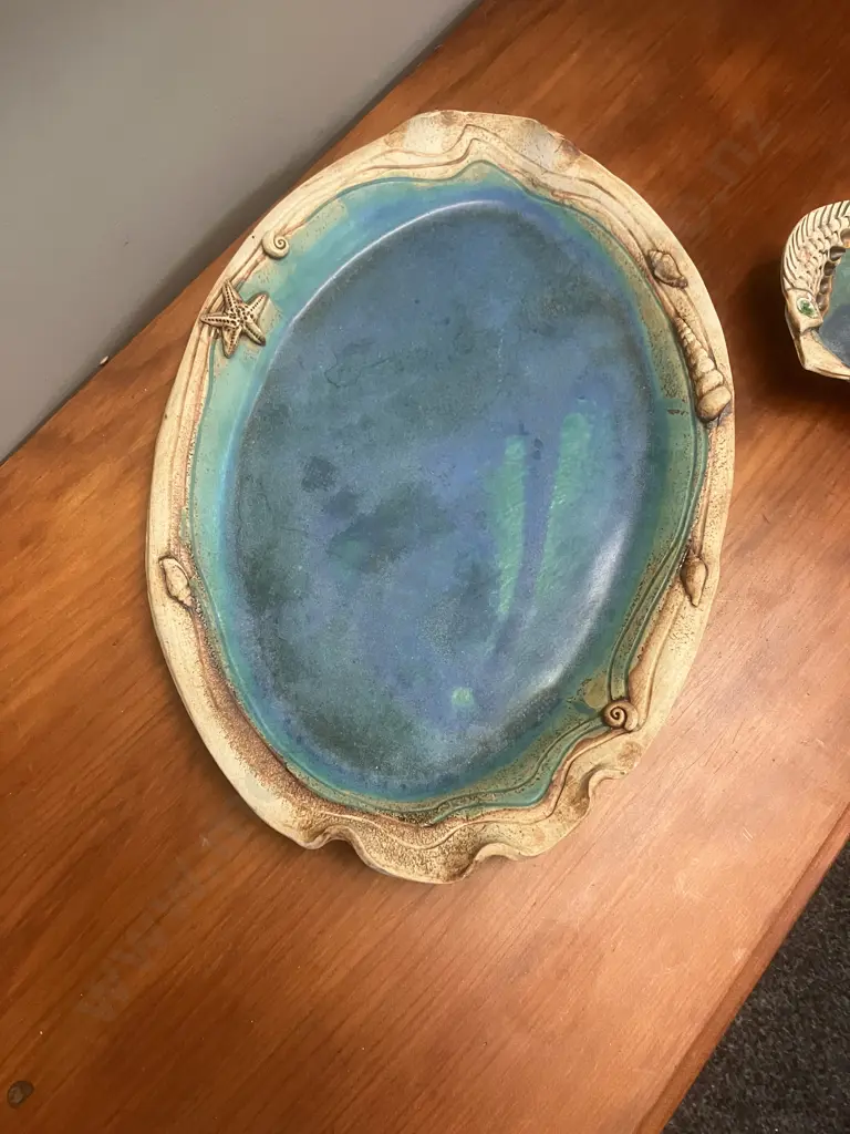 Natalie Harrop Dragon-Worx Pottery New Zealand 'Ocean Theme' Large Platter 45.5 x 32.5cm & Bowl Image 1++