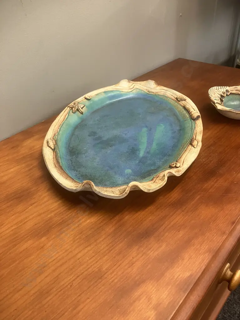 Natalie Harrop Dragon-Worx Pottery New Zealand 'Ocean Theme' Large Platter 45.5 x 32.5cm & Bowl Image 1++