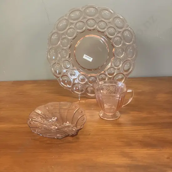 Pink Depression Glass Shell Trinket Dish, 'Mayfair' Footed Creamer, Round Bubble Plate