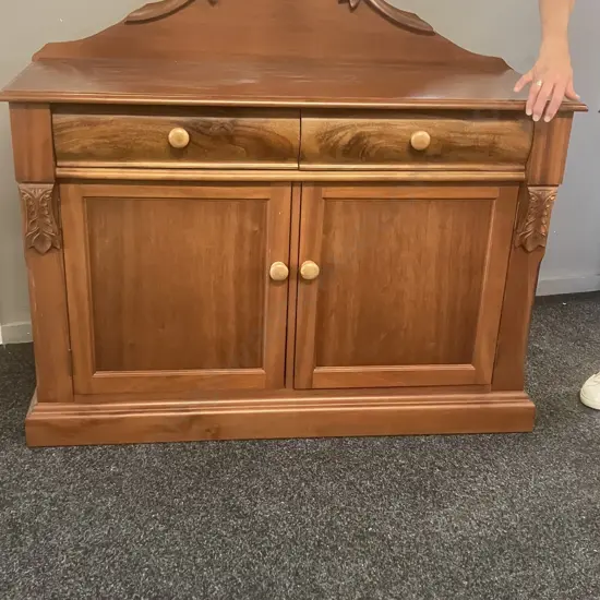 Mahogany Two Drawer Chiffonier, Carved Supports & Back Piece, Two Door. H114 W120 D48cm