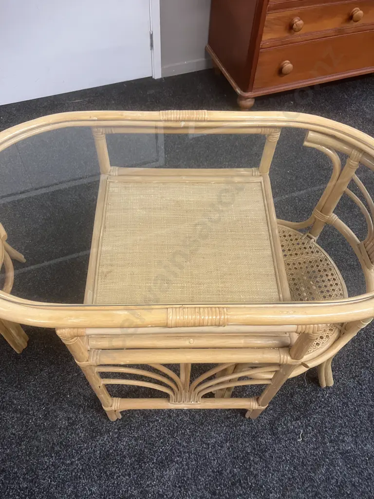 Vintage Bamboo Rattan 'Honeymoon' Bistro Table & Chairs. H74 W100 D55cm Image 1++