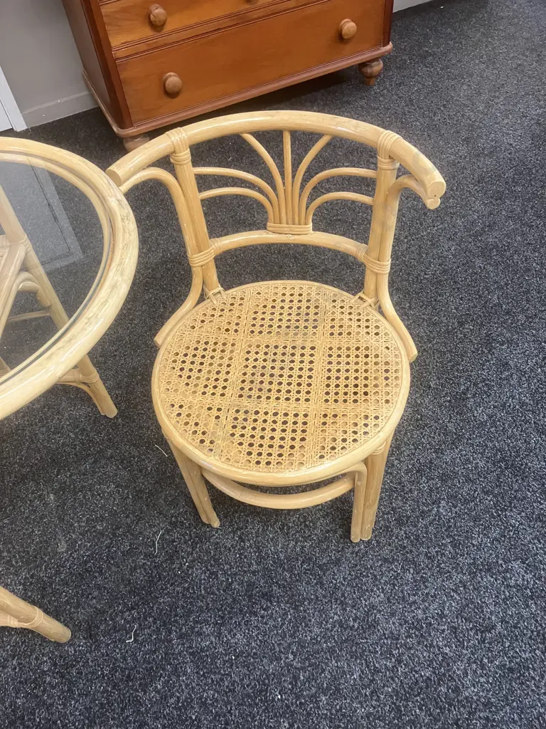 Vintage Bamboo Rattan 'Honeymoon' Bistro Table & Chairs. H74 W100 D55cm Image 1++
