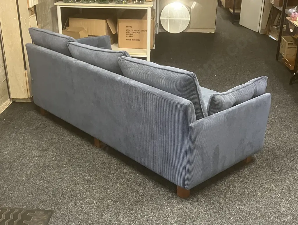 Blue Corduroy Fabric 3 Seater Sofa With Wooden Legs. 197 x 80cm Image 1++