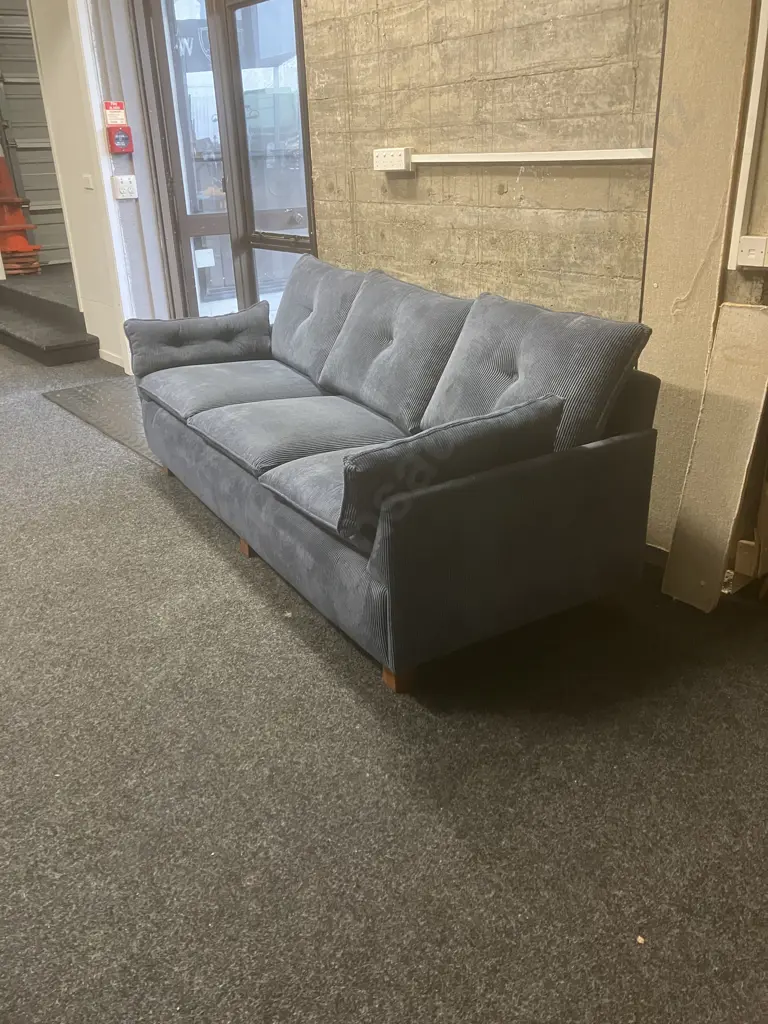 Blue Corduroy Fabric 3 Seater Sofa With Wooden Legs. 197 x 80cm Image 1++