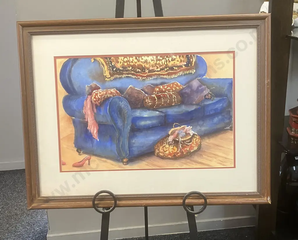 Christine Cowdrey Original Framed Watercolour - "Woman of Substance" 1) The Carpet Bag - Weekend Away. 58 x 76cm Image 1++
