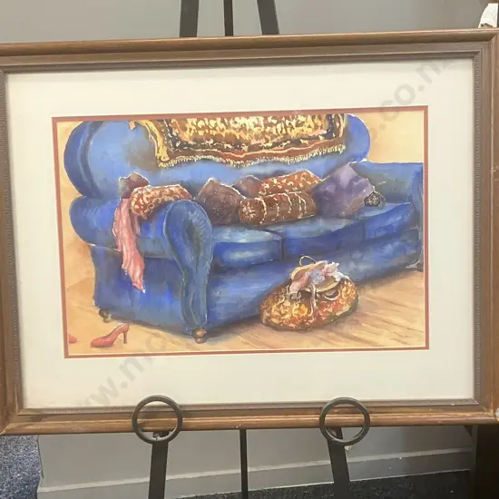 Christine Cowdrey Original Framed Watercolour - "Woman of Substance" 1) The Carpet Bag - Weekend Away. 58 x 76cm