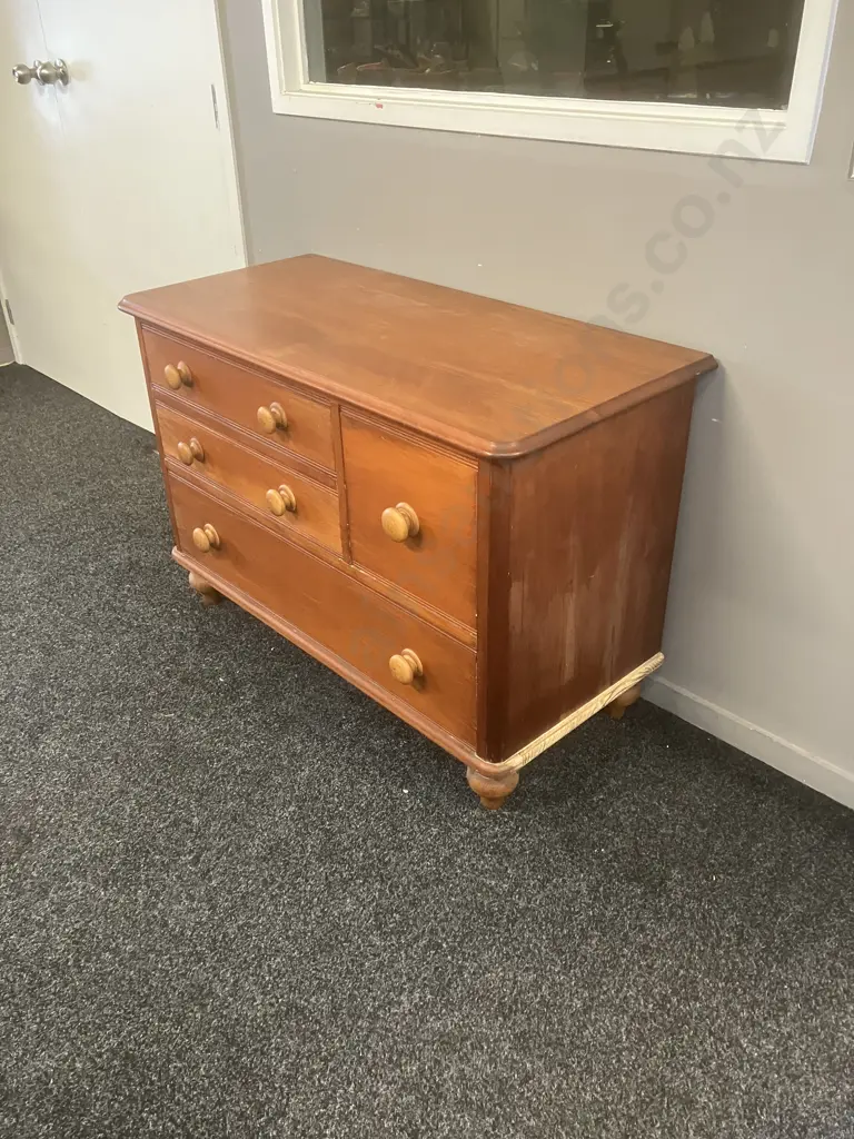 Colonial Antique Pine 4 Drawer Chest, Wooden Handles, Turned Bun Feet. H72 W107 D49.5cm Image 1++