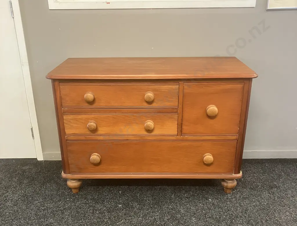 Colonial Antique Pine 4 Drawer Chest, Wooden Handles, Turned Bun Feet. H72 W107 D49.5cm Image 1++
