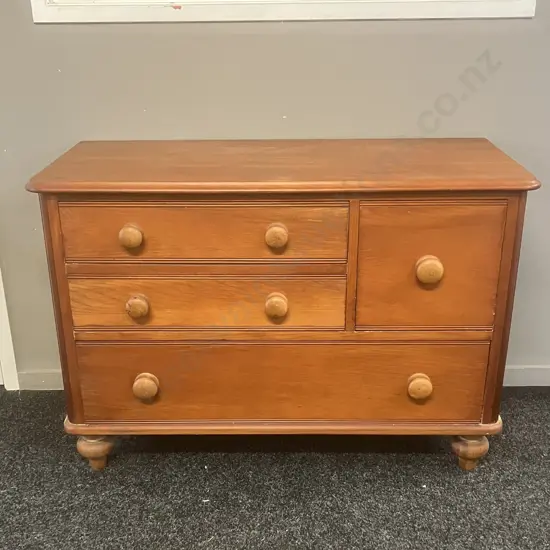Colonial Antique Pine 4 Drawer Chest, Wooden Handles, Turned Bun Feet. H72 W107 D49.5cm