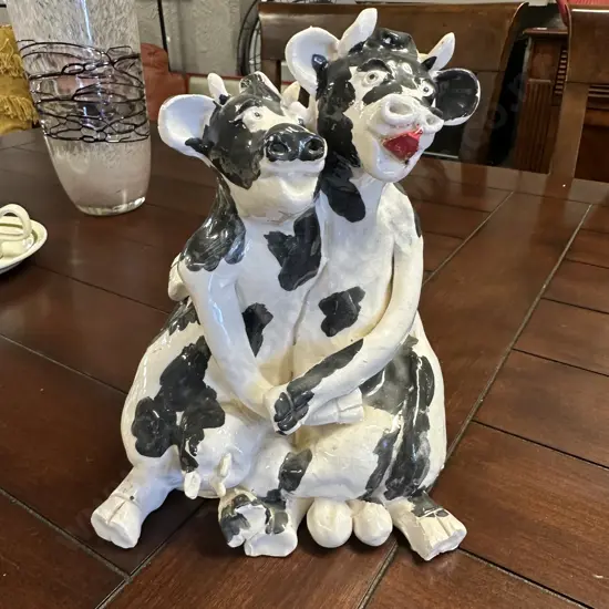 Quirky Ceramic Two Cow Figurine H22cm.