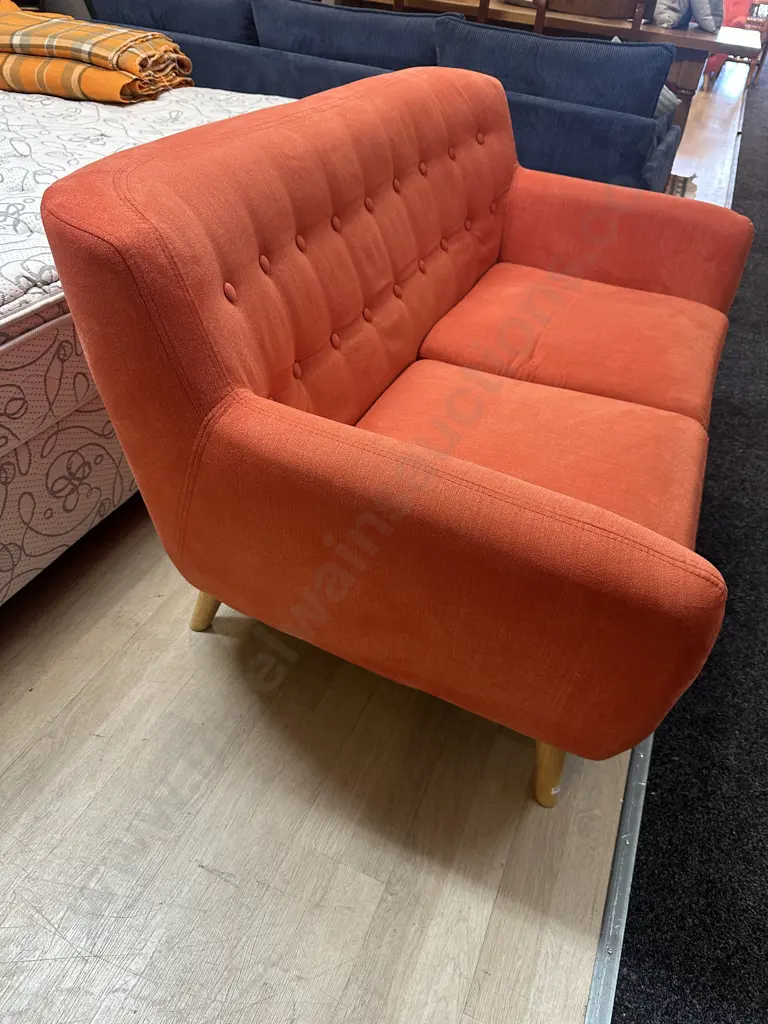 Orange Button Back Fabric 2 Seater Sofa With Naked Wooden Legs Image 1++