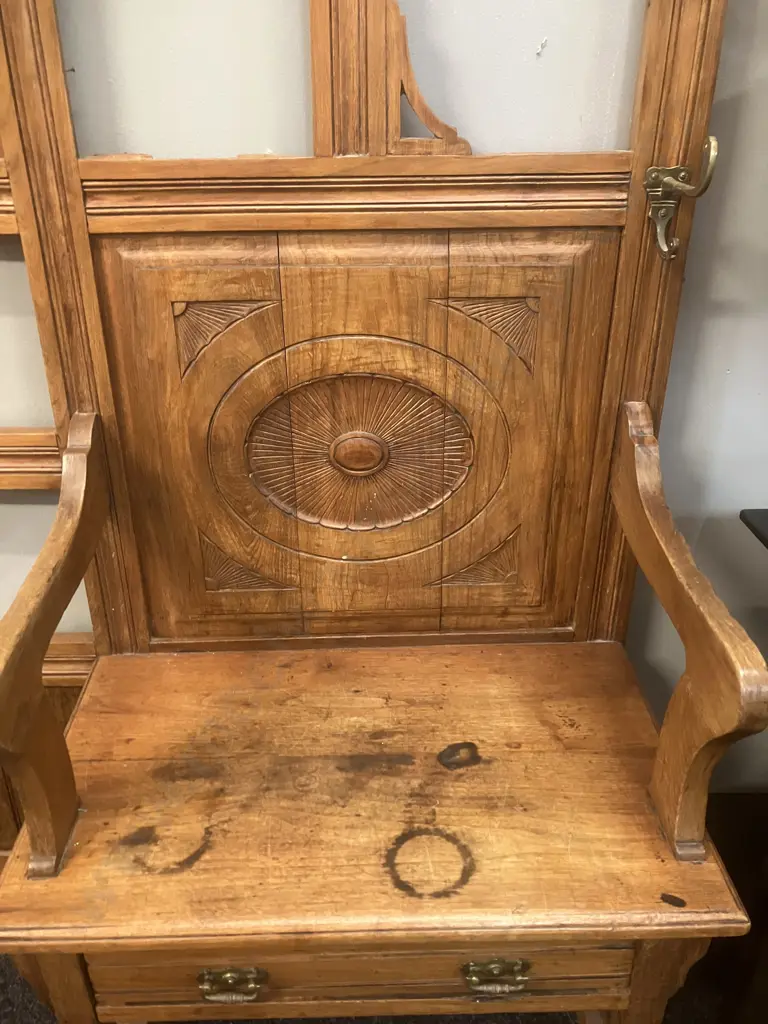 Antique Hallstand, Single Drawer, Carved detail, Brass Coat Hooks. H191 W103 D38cm (As Found) Image 1++