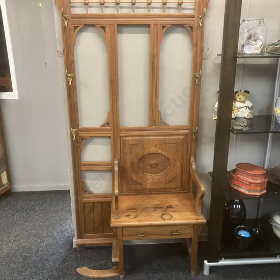 Antique Hallstand, Single Drawer, Carved detail, Brass Coat Hooks. H191 W103 D38cm (As Found)