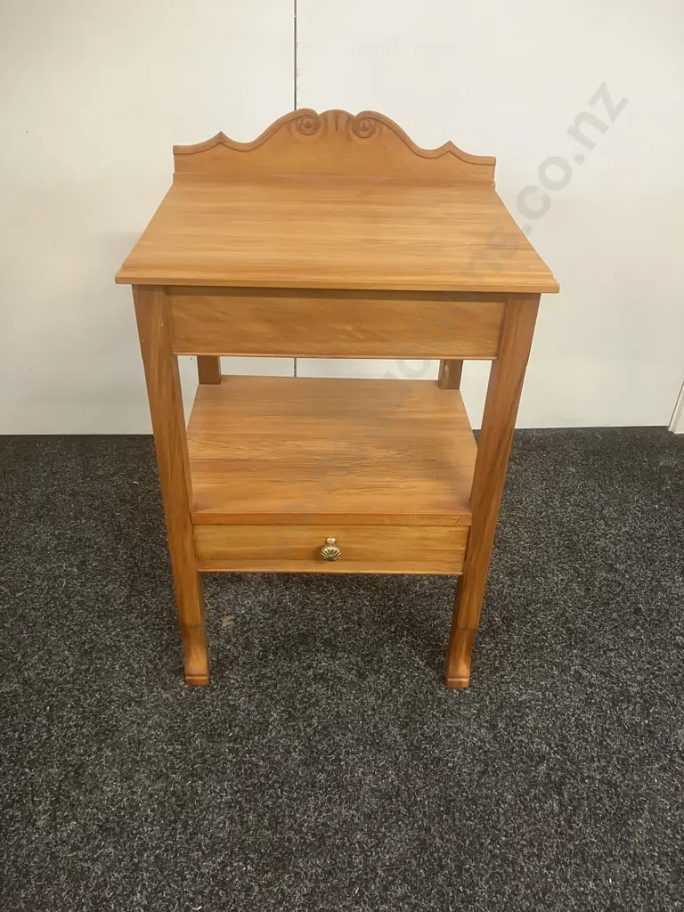 Wooden Side Table / Bedside With Carved Back Piece, Single Drawer At Base With Brass Handle. H68.5 W42 D35.5cm Image 1++