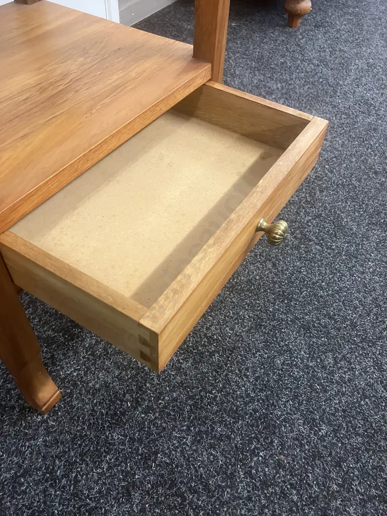 Wooden Side Table / Bedside With Carved Back Piece, Single Drawer At Base With Brass Handle. H68.5 W42 D35.5cm Image 1++
