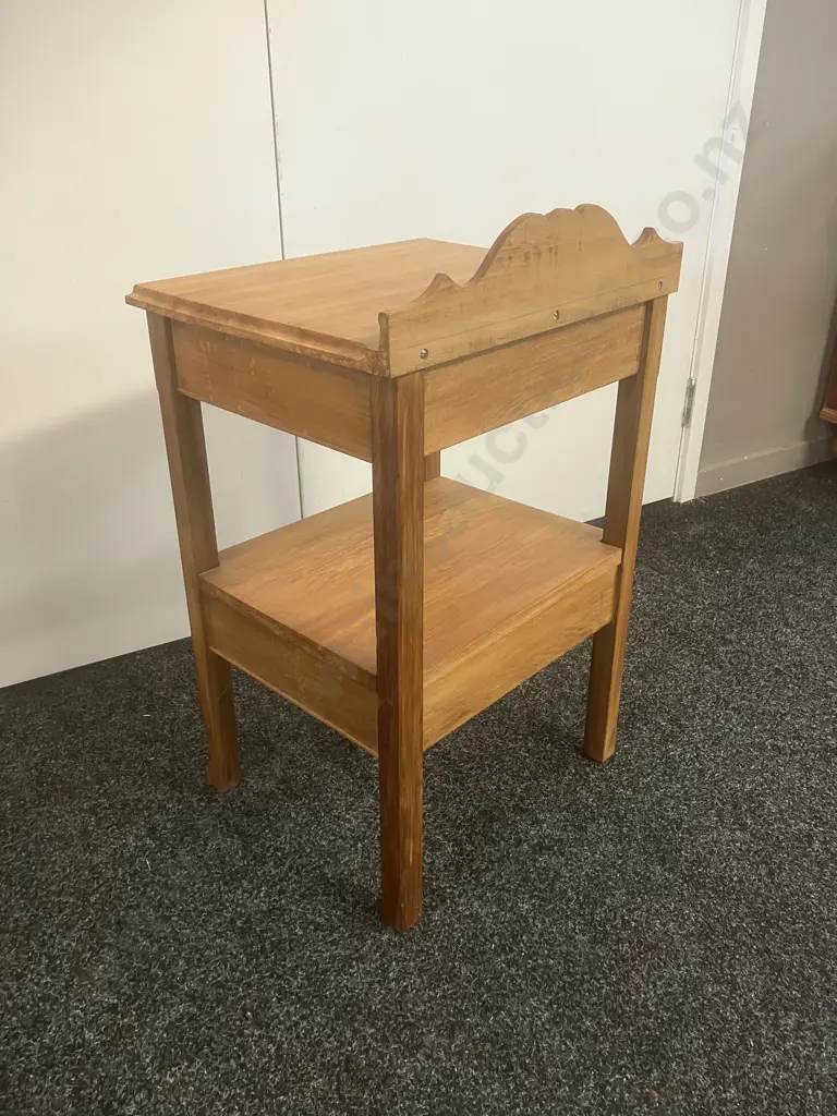 Wooden Side Table / Bedside With Carved Back Piece, Single Drawer At Base With Brass Handle. H68.5 W42 D35.5cm Image 1++
