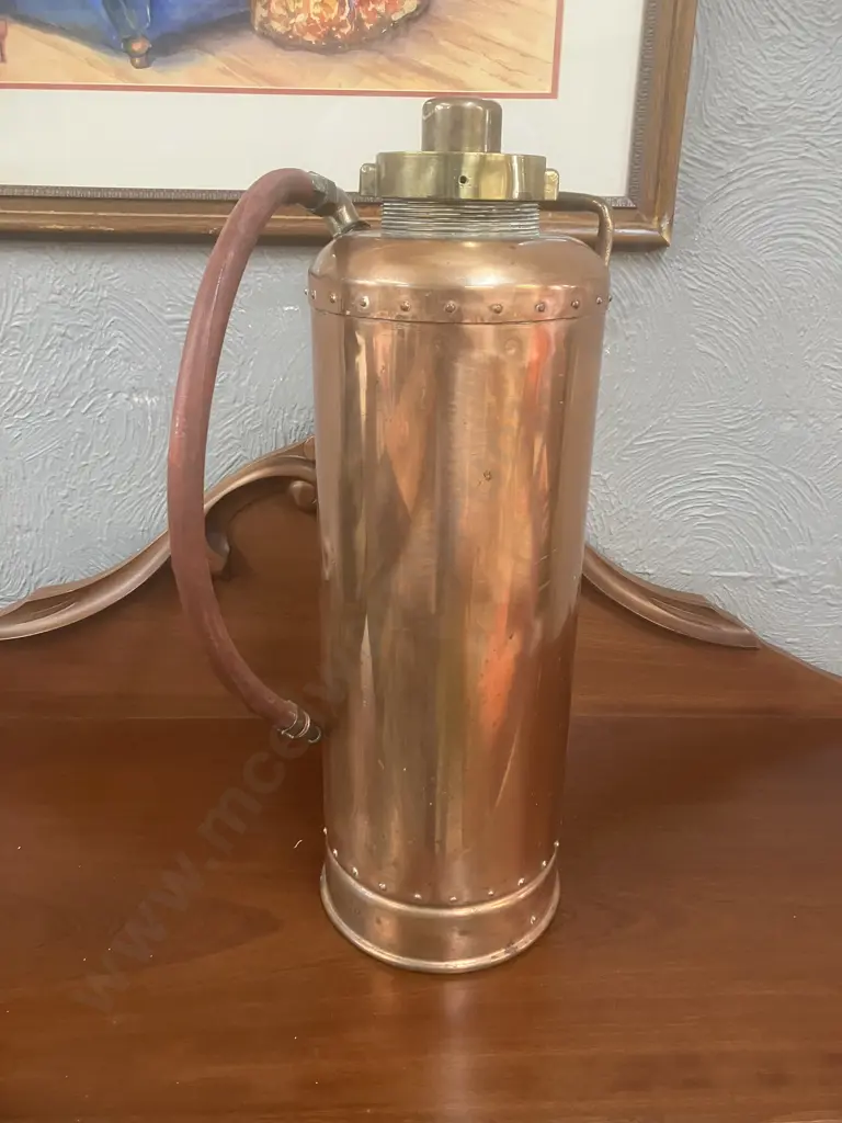 Antique Riveted Copper Fire Extinguisher Cylinder With Brass Fittings. H54cm Image 1++
