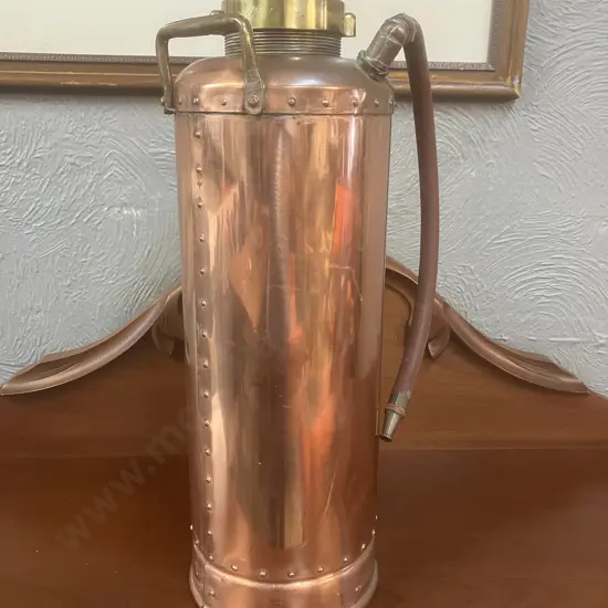 Antique Riveted Copper Fire Extinguisher Cylinder With Brass Fittings. H54cm