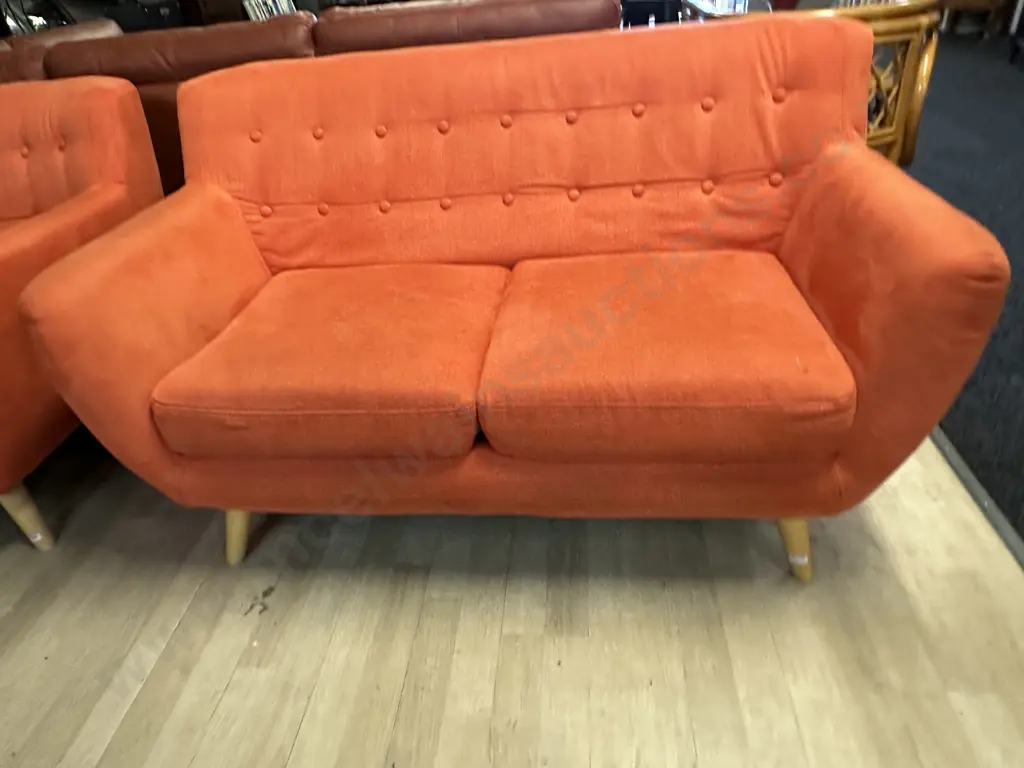 Orange Button Back Fabric 2 Seater Sofa With Naked Wooden Legs Image 1++