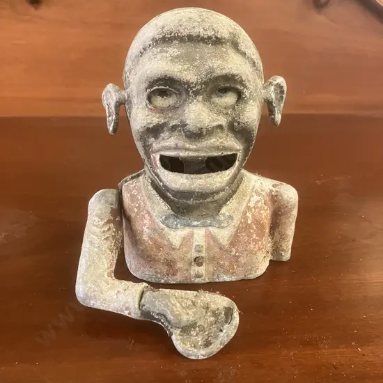 Vintage 1950s Painted Cast Aluminum Mechanical Money Bank - Thomas Ashworth & Co, Burnley, England.H16cm (Incomplete)