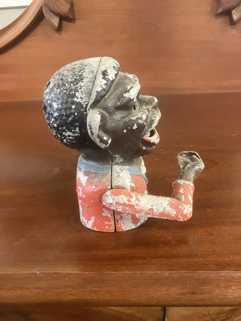 Vintage Painted Cast Aluminum Mechanical Money Bank With Original Base Plate. H15cm Image 1++