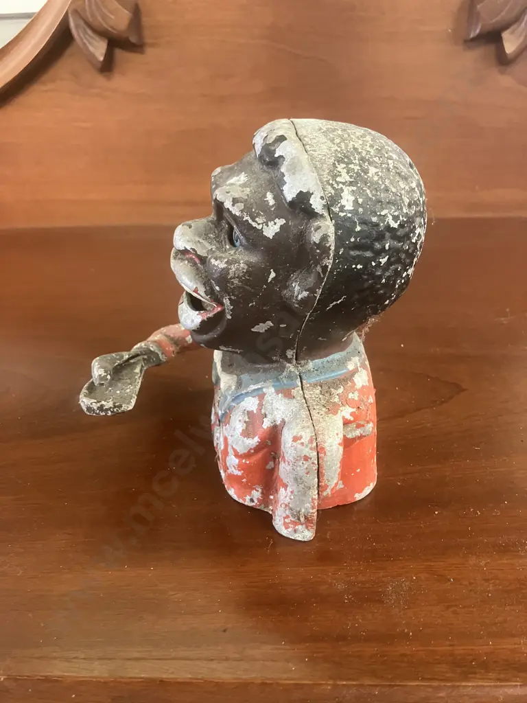 Vintage Painted Cast Aluminum Mechanical Money Bank With Original Base Plate. H15cm Image 1++