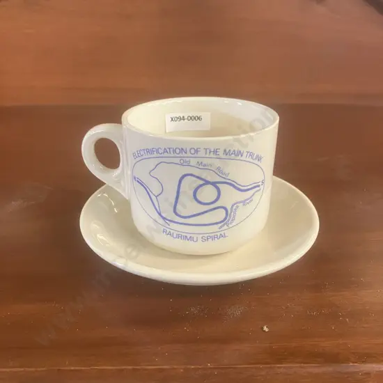Collectable New Zealand Railways Commemorative Raurimu Spiral Electrification Cup & Saucer, 1986 Crown Lynn Potteries
