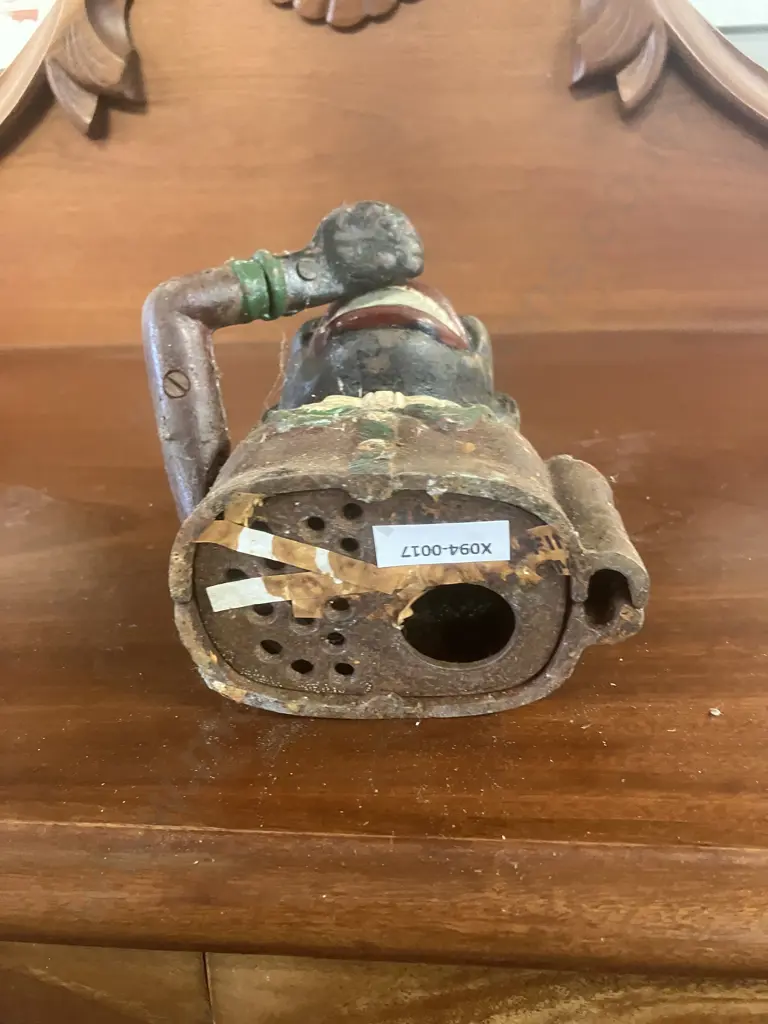 Antique Painted Cast Iron Mechanical Money Bank With Original Base Plate. H15cm Image 1++