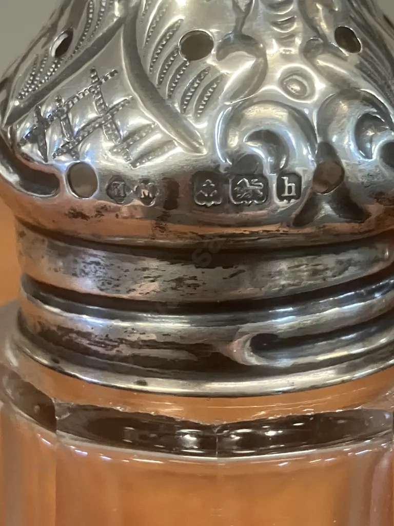 Edwardian Sterling Silver Glass Sugar Shifter Henry Matthews Birmingham 1907 Hallmarked. H12.5cm Image 1++