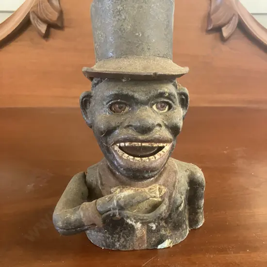 Antique Painted Cast Iron Mechanical Money Bank With Original Base Plate. H21cm