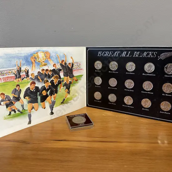 Vintage Medal Collection Of 15 Great All Blacks & 1977 NZ One Dollar Commemorative Coin 'Waitangi Day'