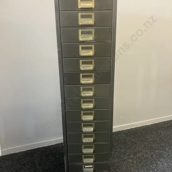 Steelcase Engineering Limited Metal 15 Drawer Unit, Brass Drawer Pull & Card Holders. H133 W30 D40cm