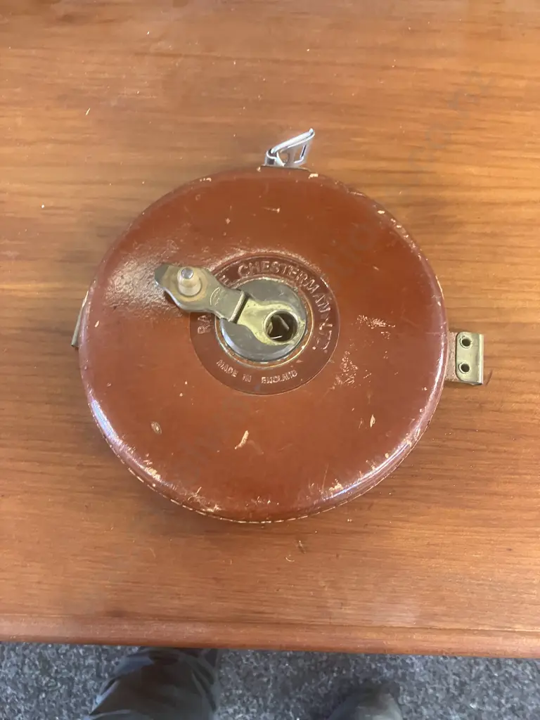 Rabone Chesterman England Leather Bound 100ft Surveyor's Tape, Fibron Non-Metallic Circa 1960-1970 Image 1++