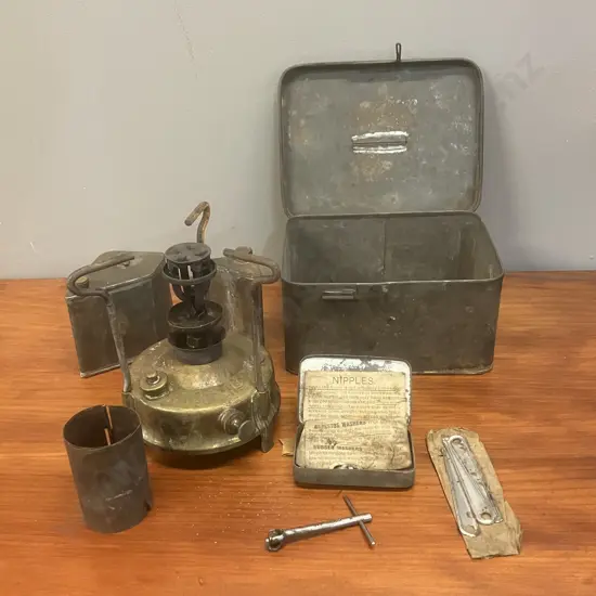 1924 Primus No. 210 Compact Outfit Brass Kerosene Camp Stove With Original Box - Complete