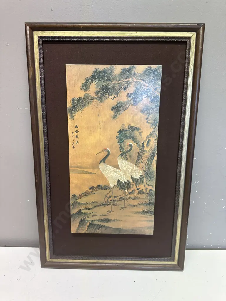 Vintage Framed Artwork Oriental Panel Two Cranes 69x44cm. Image 1++