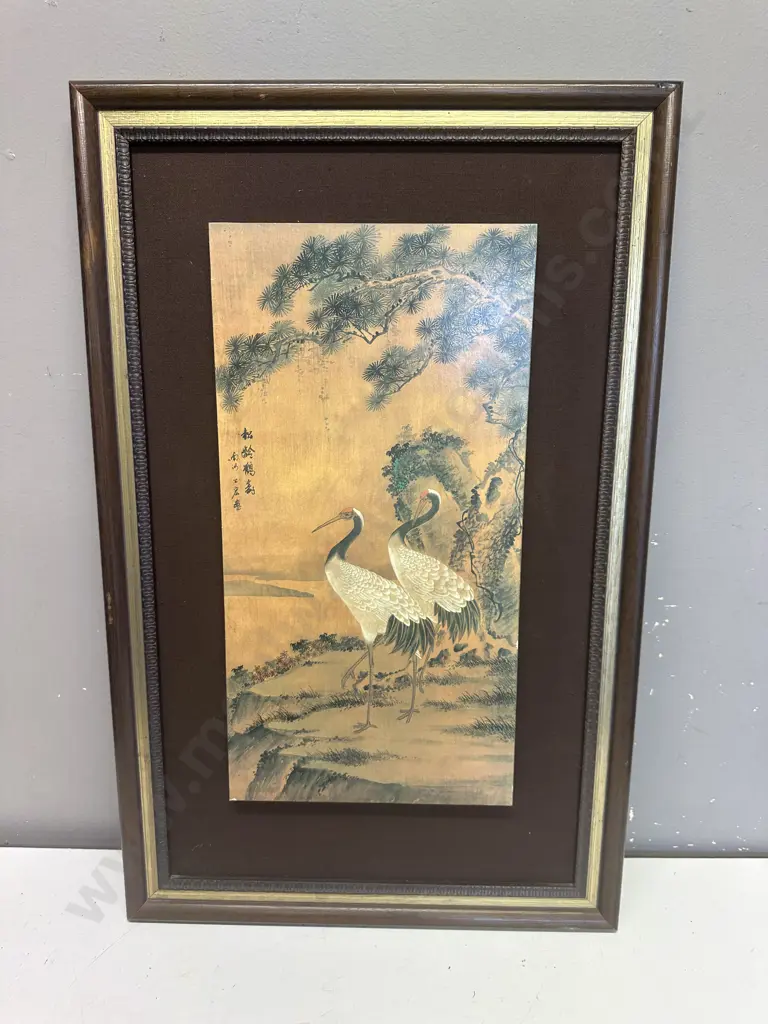 Vintage Framed Artwork Oriental Panel Two Cranes 69x44cm. Image 1++