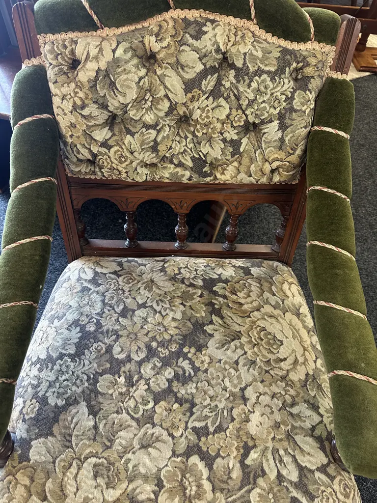 Mahogany Framed Library Chair Green Velvet Upholstery & Floral Patterned Tapestry Fabric, Button Back On Castors Image 1++