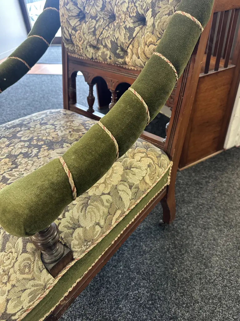 Mahogany Framed Library Chair Green Velvet Upholstery & Floral Patterned Tapestry Fabric, Button Back On Castors Image 1++