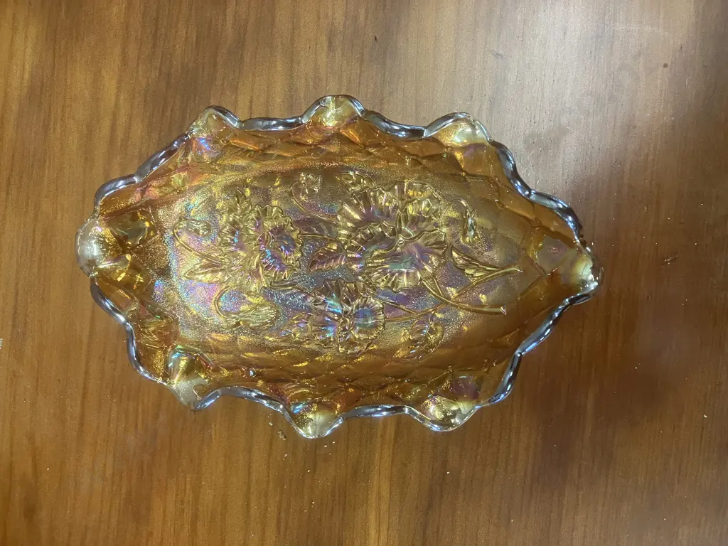 Antique Imperial Marigold Iridecent Pansy Carnival Glass Oval Ruffled Pickle Dish. 23 x 14.5cm Image 1++