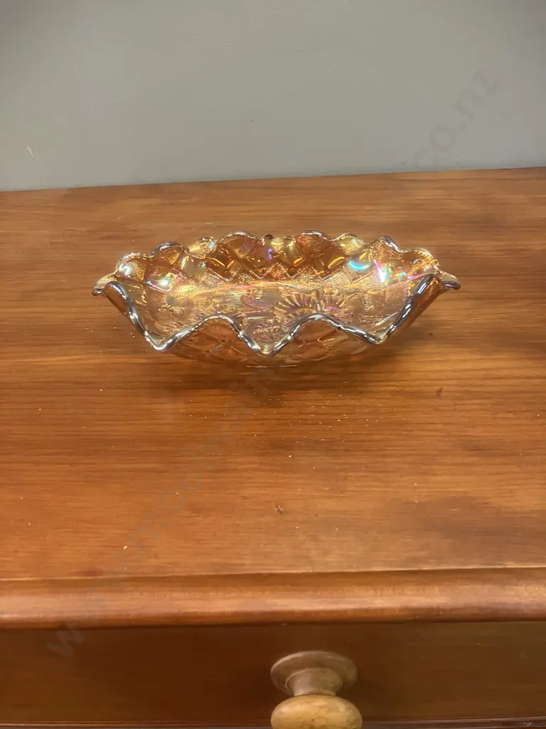 Antique Imperial Marigold Iridecent Pansy Carnival Glass Oval Ruffled Pickle Dish. 23 x 14.5cm Image 1++