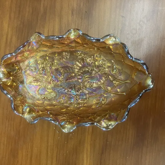 Antique Imperial Marigold Iridecent Pansy Carnival Glass Oval Ruffled Pickle Dish. 23 x 14.5cm